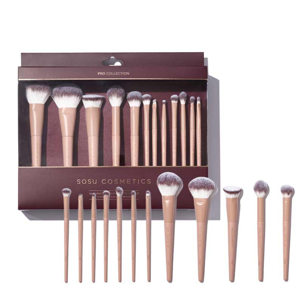 Set of makeup brushes with a Sosu Cosmetics packaging box on a white background