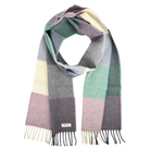 A multicolor plaid scarf with cream, mint green, gray, dusty pink, and lavender blocks, featuring fringed ends and a small white brand label that reads 'SARAH JENNING'.