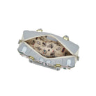 Light gray handbag with gold accents on a white background