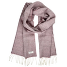 A dusty rose purple herringbone knit scarf with cream fringe and a small white brand label, displayed on a clean white background.