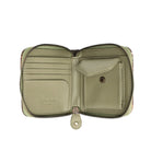 An open zip-around wallet in light olive green leather, showing interior card slots, a coin pocket, and a ziparound closure on a plain white background.