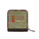 A small zip-around wallet with a distressed olive green front, featuring a printed design of red rain boots and sunflowers with the text 'in a world full of weeds, be a SUNFLOWER'. The wallet has a floral patterned border and a dark brown textured bottom trim, shown on a white background with a metal keychain ring attached.