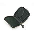 An open dark green leather zip-around wallet with gold-tone zippers and brass hardware, displayed on a clean white background.