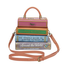 Stacked book-shaped handbag with a strap on a white background