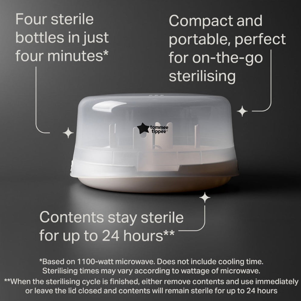 Sterilizing device with text highlighting features on a dark background