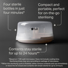 Sterilizing device with text highlighting features on a dark background