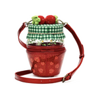 A strawberry-themed shoulder bag designed like a jar of jam, featuring a red body with strawberry prints, a green and white checkered lid, a clear glass jar section with floral detailing, and two crocheted strawberries on top, shown on a white background with an adjustable red strap.