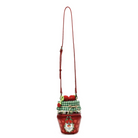 A red crossbody bag designed to look like a strawberry jam jar, featuring a green and white gingham checkered fabric liner, red strawberries, and a red strap on a plain white background.