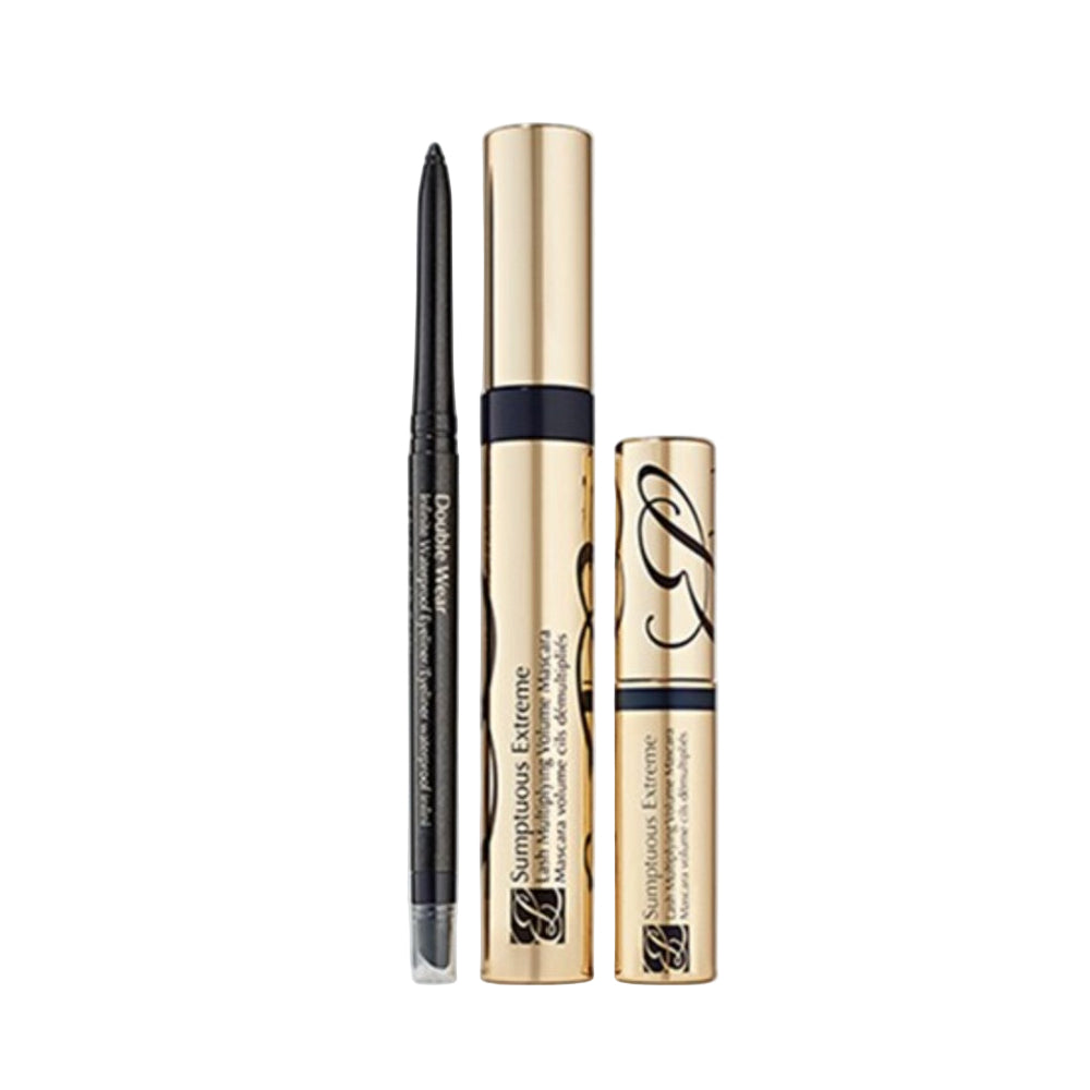 Two makeup products with a black eyeliner pencil on a light gray background
