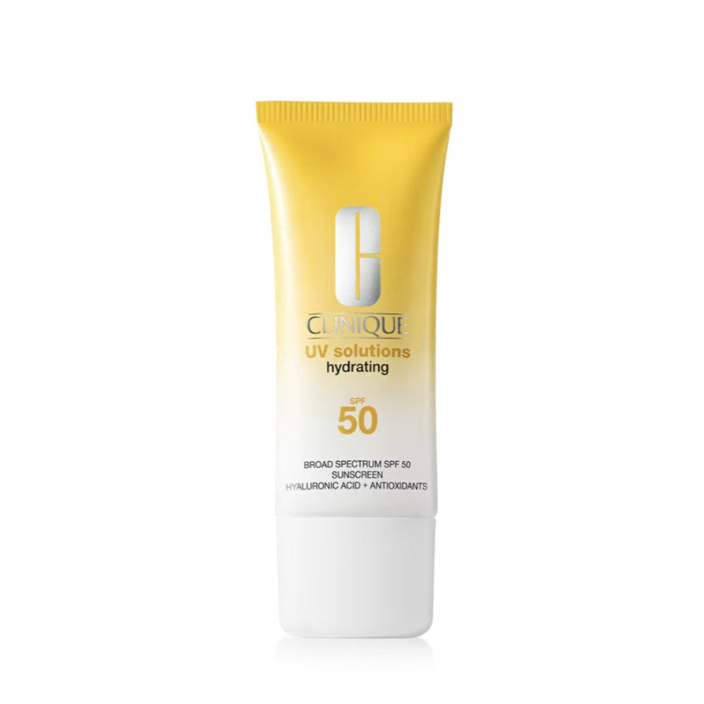 Clinique UV solutions hydrating sunscreen tube on a white background