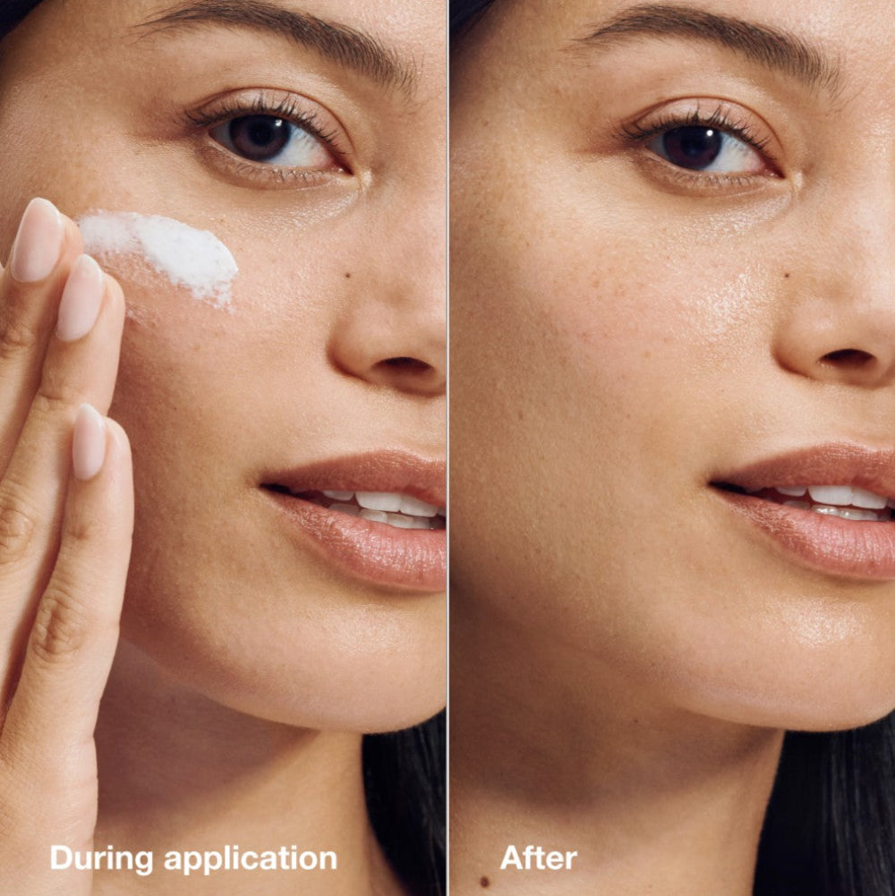 Before and after application of a skincare product on a woman's face.