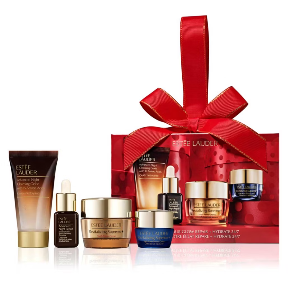 Estée Lauder skincare product set with a red gift box on a white background