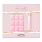 Sweet Tooth Eau de Parfum gift set by Sabrina Carpenter, featuring a pink box with a pink chocolate bar-shaped bar and a matching pink perfume tube with a gold cap, separated by a gold torn-paper effect.