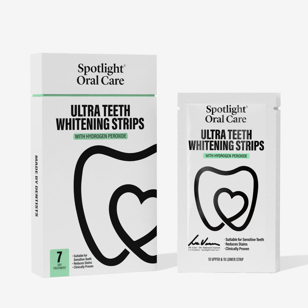 Spotlight Oral Care Ultra Teeth Whitening Strips shown with its retail box and an individual sachets
