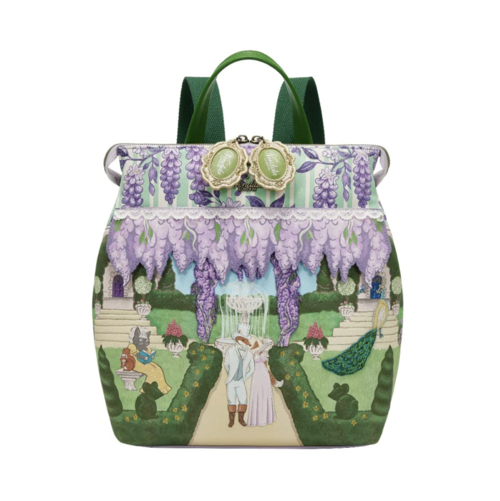 Backpack with garden scene and wisteria design on a white background