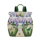 Backpack with garden scene and wisteria design on a white background