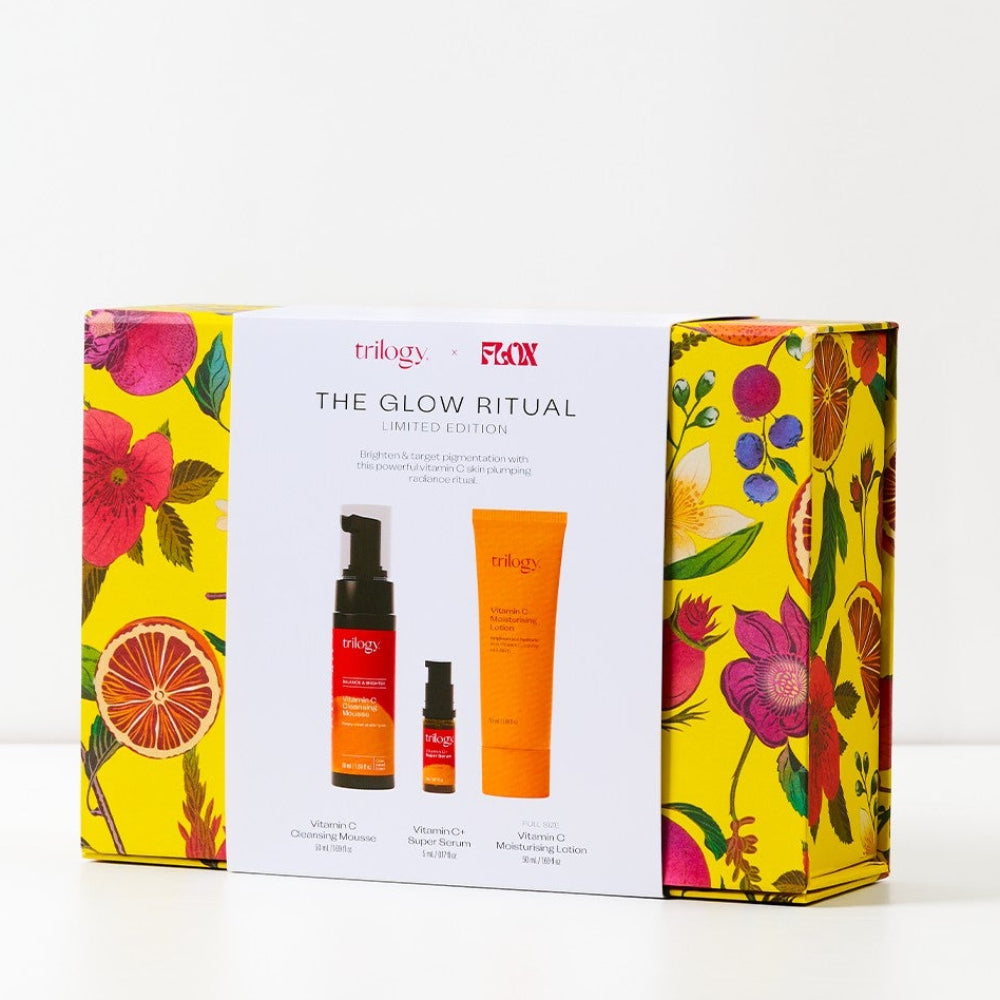 Skincare product set with colorful packaging on a white background