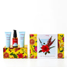 Set of skincare products with colorful packaging on a white background