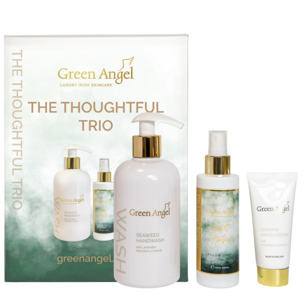 Green Angel skincare product set with packaging on a white background