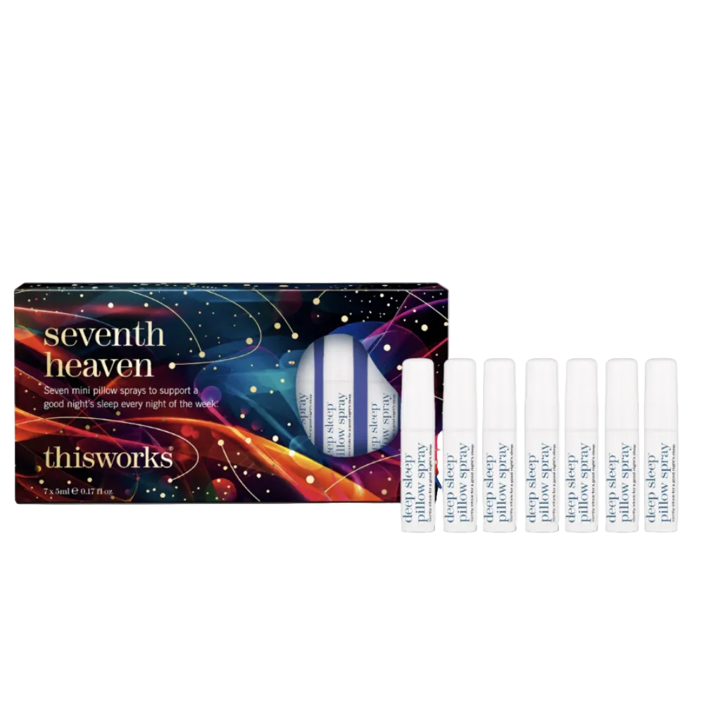 This is Works Seventh Heaven sleep support kit featuring a colorful box and eight individual white spray vials on a plain white background.