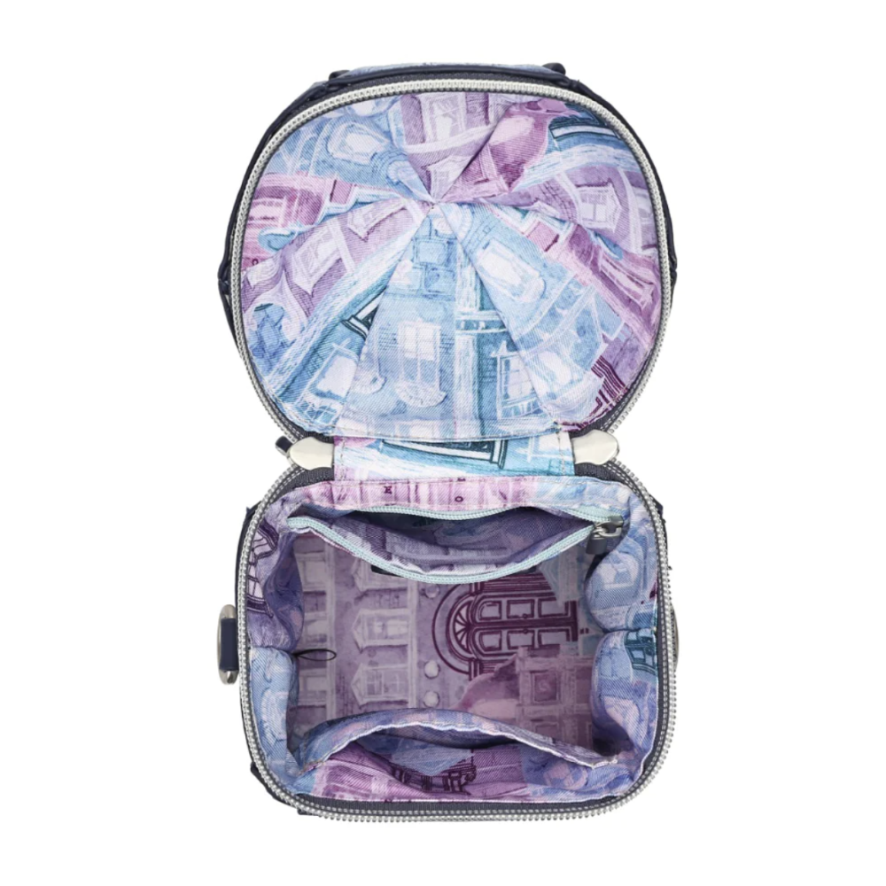 An open zippered lunch bag or small case with a purple and blue architectural pattern lining, photographed against a plain white background.