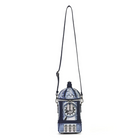 A miniature blue and white patterned clock-shaped shoulder bag with a long black strap, shown against a plain white background.