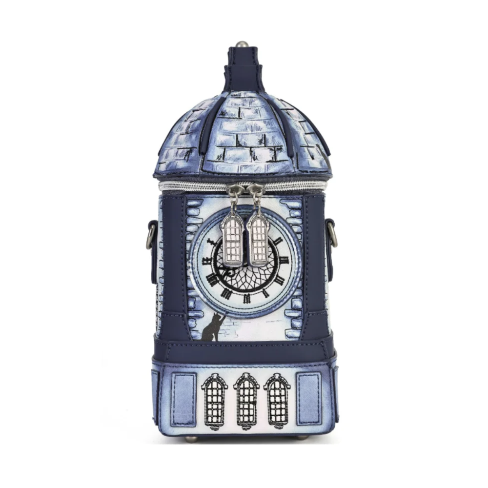 A London-themed dome-shaped clutch bag designed to look like a clock tower, featuring a blue and white brick pattern, a clock face illustration, and silver-tone hardware, shown on a plain white background.