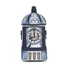 A London-themed dome-shaped clutch bag designed to look like a clock tower, featuring a blue and white brick pattern, a clock face illustration, and silver-tone hardware, shown on a plain white background.