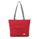 Red tote bag with a gray strap on a white background