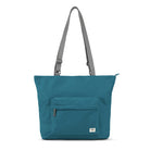 Teal tote bag with a gray strap on a white background