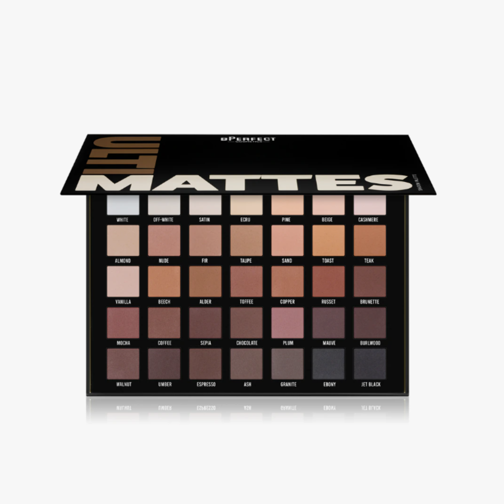 Makeup palette with various shades of eyeshadows on a white background