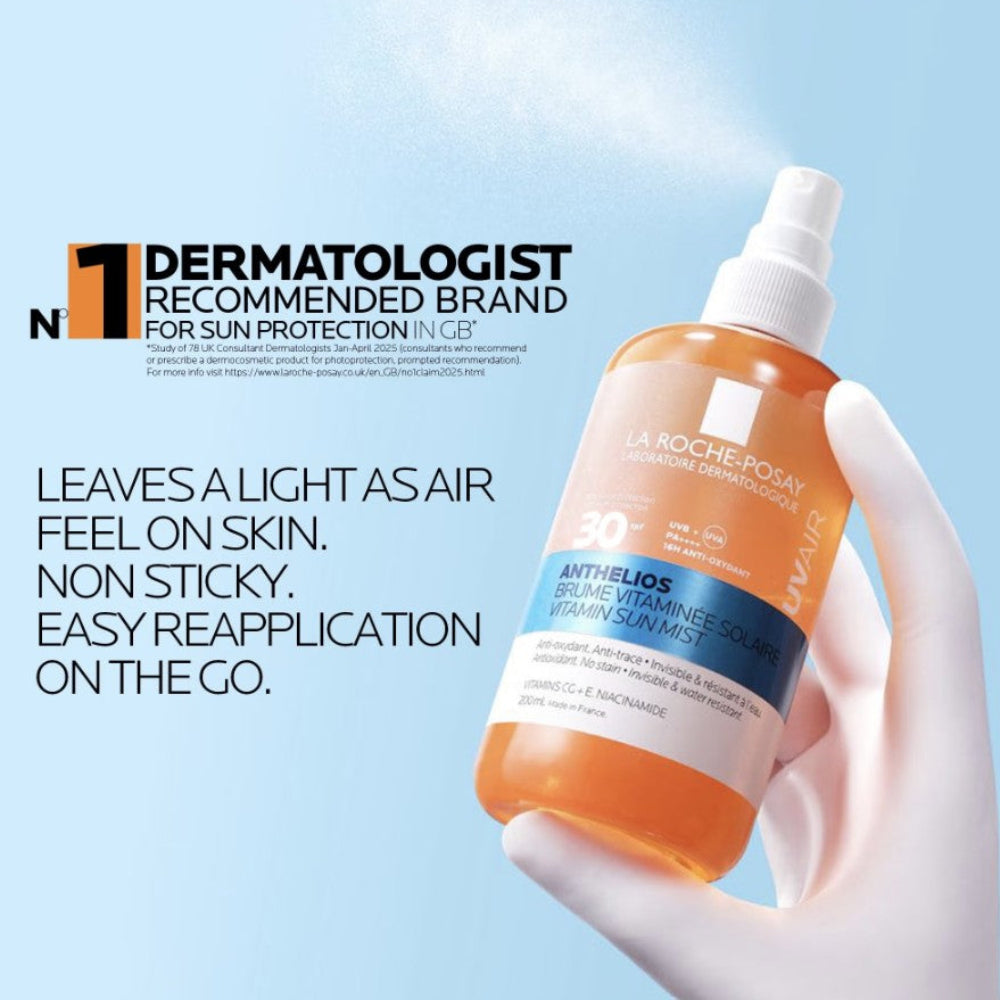 La Roche-Posay Anthelios sun mist bottle with promotional text on a light blue background