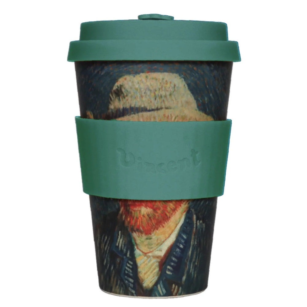 Reusable coffee cup with Van Gogh painting design and green lid and sleeve.
