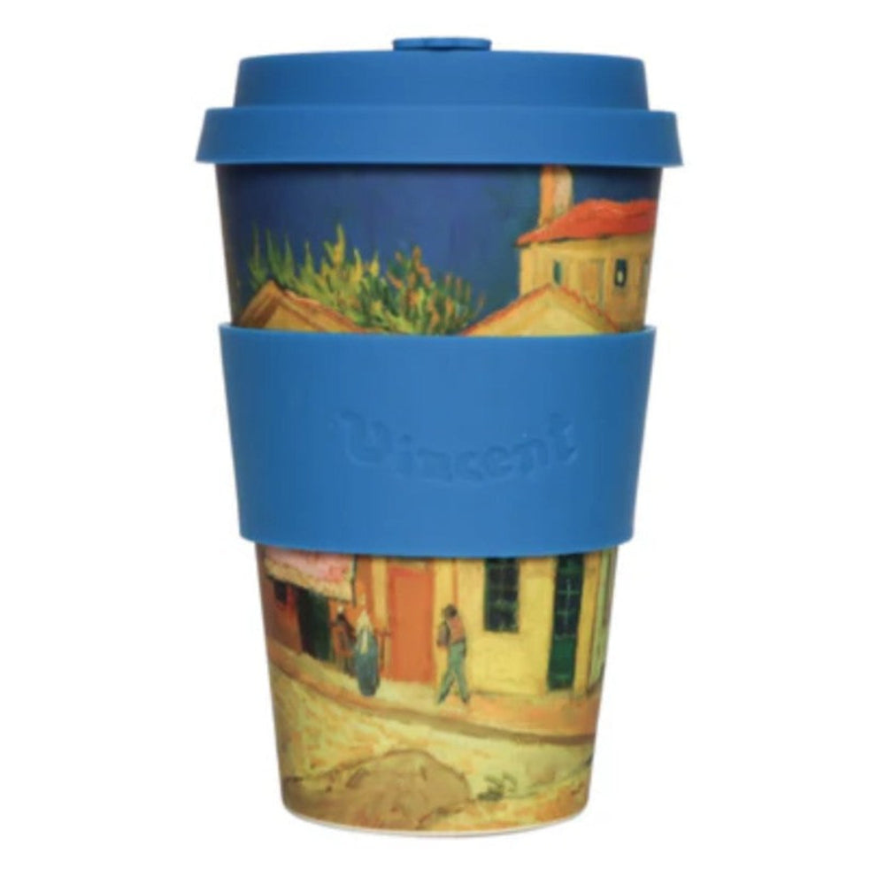 Reusable coffee cup with blue lid and sleeve featuring a scenic design, branded 'Vincent'.