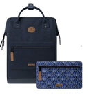 Navy blue backpack and matching pouch with geometric pattern on a white background