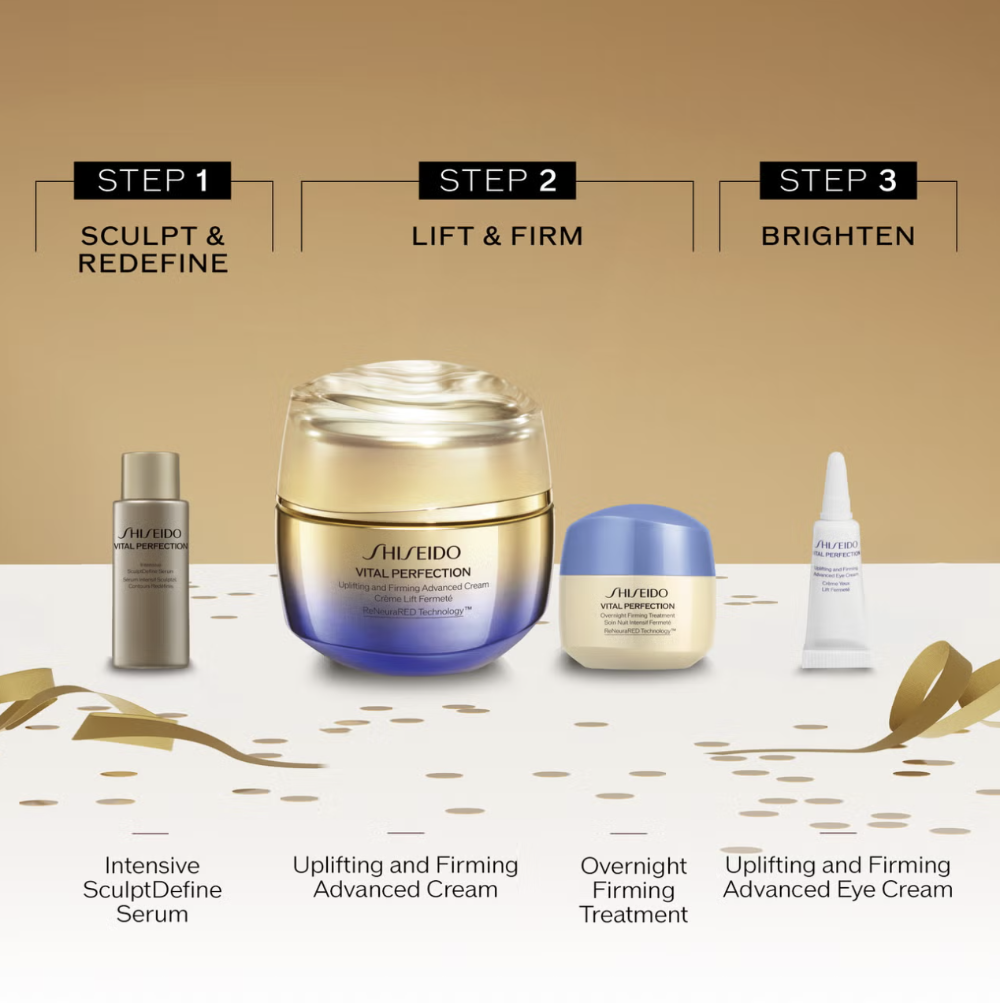 Four Shiseido Vital Prevention skincare products arranged on a beige and white background with step labels above them.