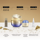 Four Shiseido Vital Prevention skincare products arranged on a beige and white background with step labels above them.