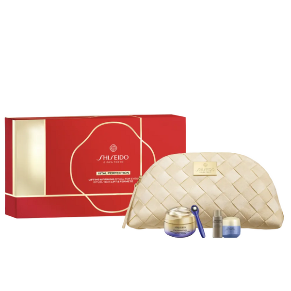 Shiseido EYE Treatment gift set featuring a red and gold outer box, a beige woven zippered pouch, and two small blue and gold cosmetic jars with applicators, shown on a white background.