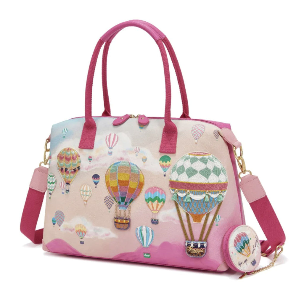 Handbag with hot air balloon design on a white background