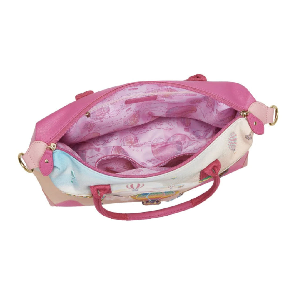 Pink handbag with floral pattern on a white background