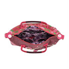 An open pink and purple floral tote bag with pink handles, gold-tone hardware, and a patterned interior organiser, shown on a white background.