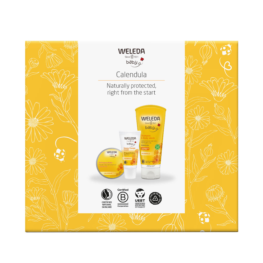 Weleda baby product set packaging with yellow floral design