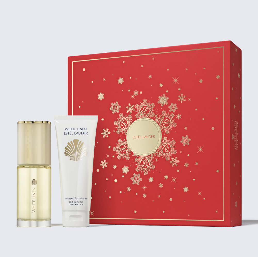 Two Estée Lauder products, a bottle and a tube, on a light gray background.