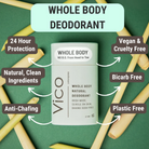 VICO Whole Body deodorant with features highlighted on a green background