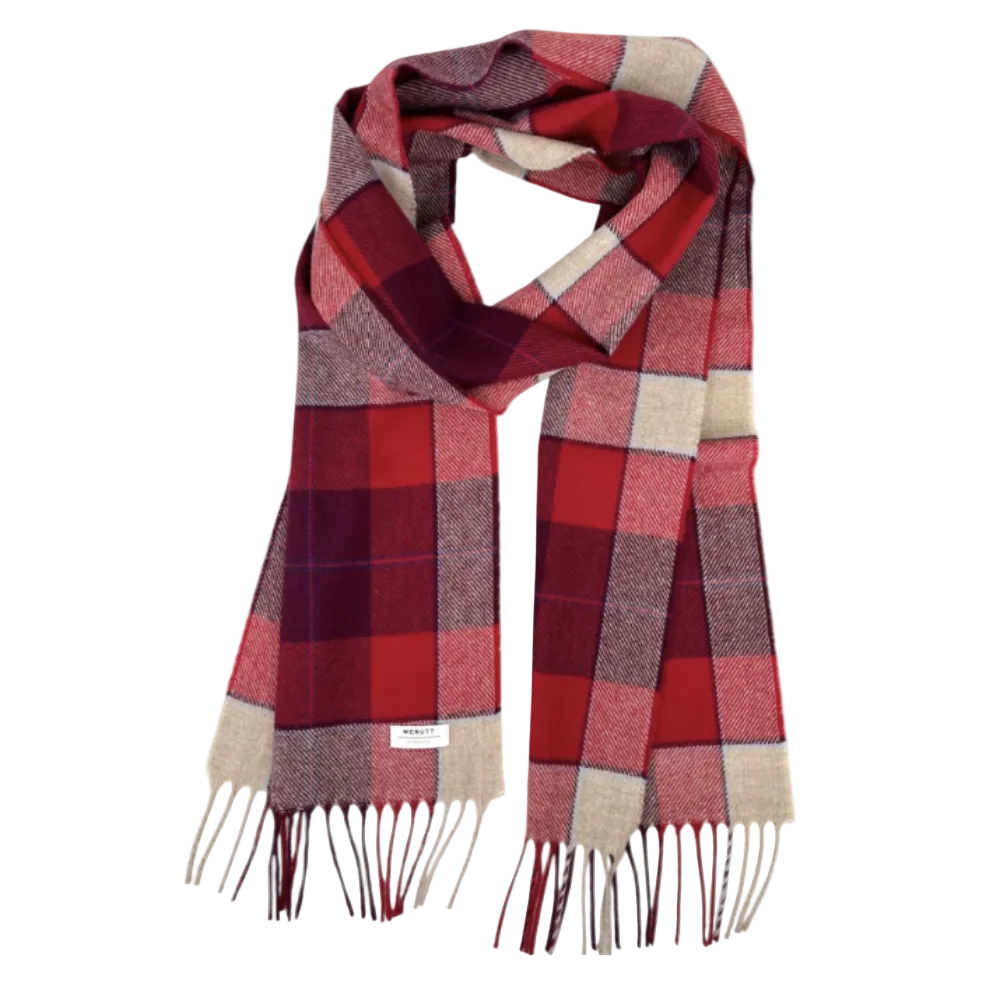 A plaid scarf in red, burgundy, beige, and purple tones, styled in a loose loop with fringed ends on a plain white background.
