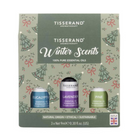 Tisserand Winter Scents essential oils gift set in a decorative winter-themed box, containing Eucalyptus, Lavender, and Pine scents.