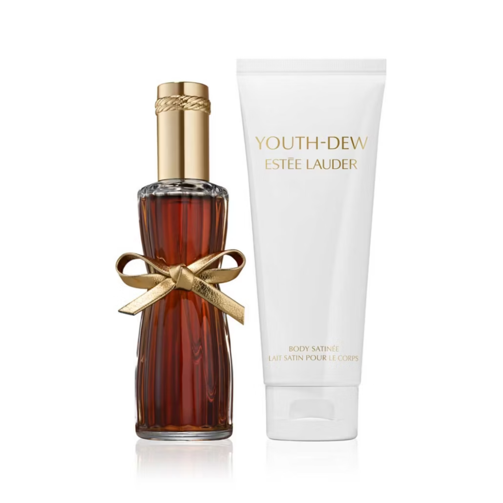 Estée Lauder Youth-Dew perfume bottle and body lotion on a white background