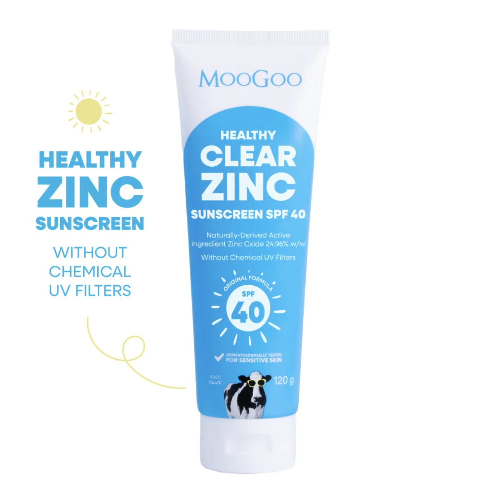 MooGoo Healthy Clear Zinc Sunscreen SPF 40 in a white and blue squeeze tube