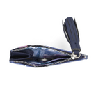 A small zippered coin purse with a navy blue leather tassel strap and silver zipper, shown open against a plain white background.