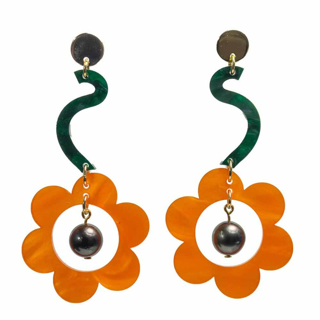Toolally green drop colour with orange daisy and black pearl 60s pearl daisies drop style